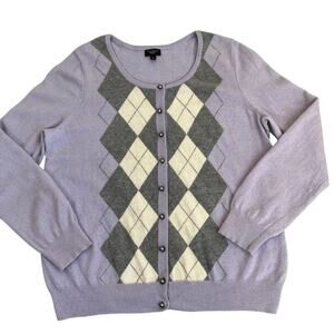 Talbots 1X Wool-Angora Blend Argyle Cardigan w Pearl Buttons Lavender Purple